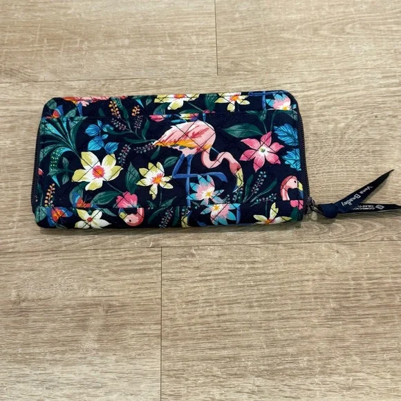 Vera Bradley Navy Floral Flamingo Zip Wallet with Pink Accents - Picture 9 of 11